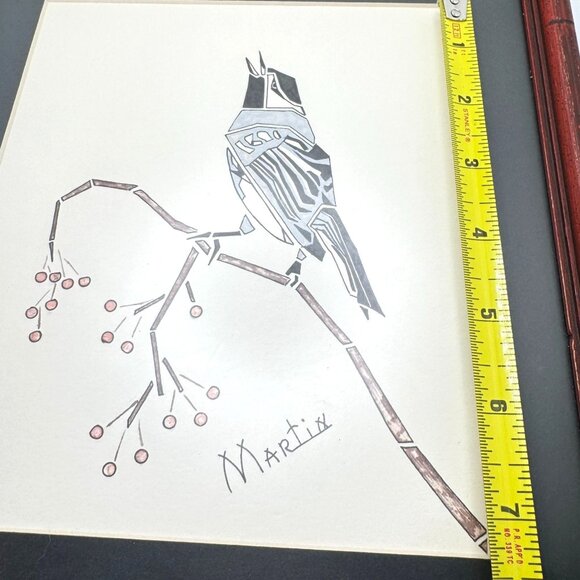 Framed Bird Illustration Signed By Artist Martin Red Bamboo-Style Frame 7.25" - Picture 4 of 11